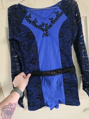 Blue Lace Overlay Women's Shorts Romper with Embroidered Detail